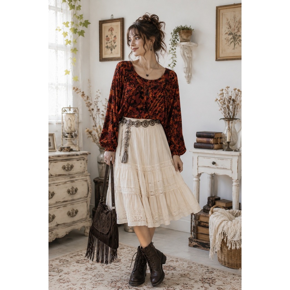 Whimsigoth Boho Fairy Goth Chico's Velvet Burnout Floral Brown Orange 2X Top